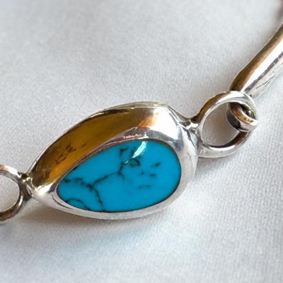 925 Sterling Silver and Turquoise Bangle Bracelet 7” Taxco - Picture 5 of 12